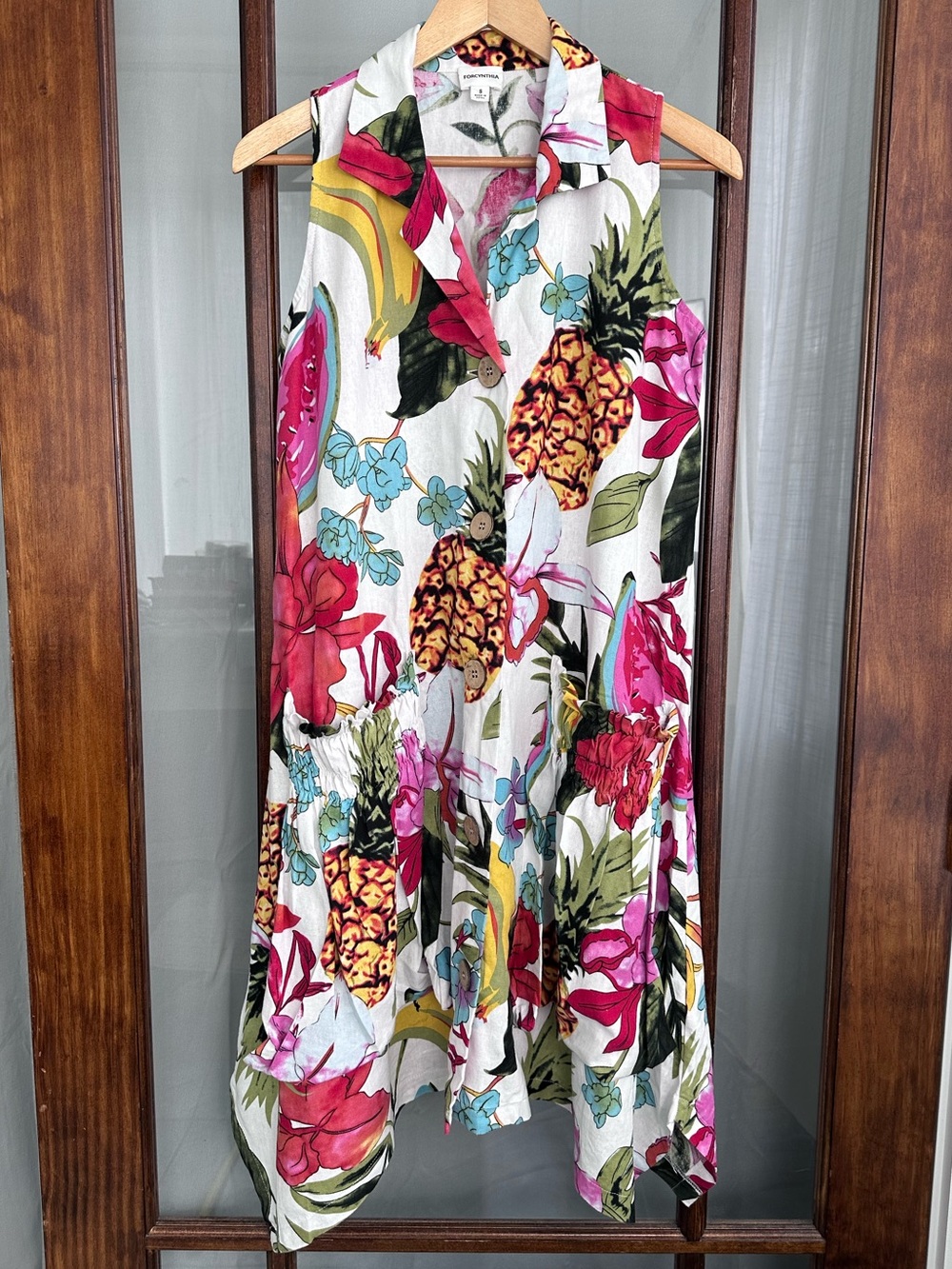For Cynthia Asymmetrical Linen Blend Shirt Dress Sz S Floral Fruit Button Front